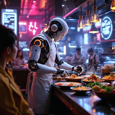 The primary subject of the image is a robot chef preparing food in a restaurant. The robot is standing at a counter, surrounded by various bowls of food, and appears to be cooking for customers. The setting is a restaurant, with a dining table visible in the background. The visual style is a combination of photo and digital art, creating a futuristic and technological atmosphere. The dominant colors are red and white, which are used to emphasize the robot's presence and the overall mood of the scene.